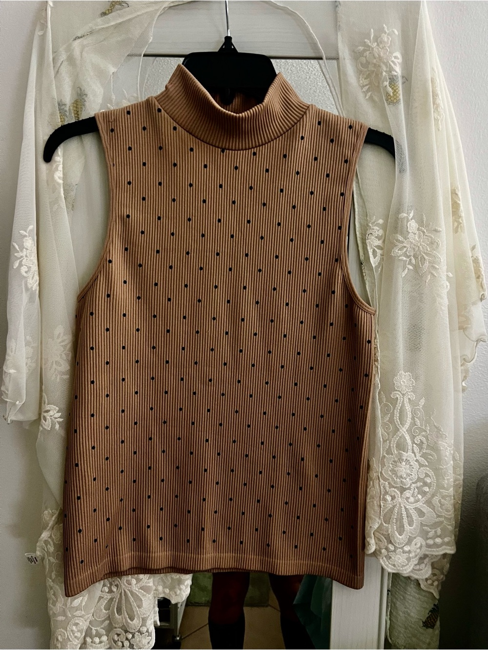 Sleeveless Ribbed Mock Neck Tank in Tan with Black Dot
